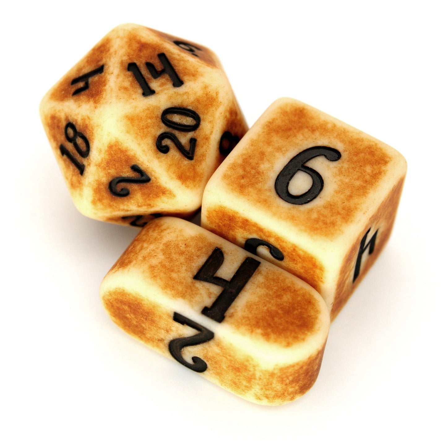 3 polyhedral dice with brown distressed finish and black numbering. Image shows 1d20, 1d6, 1d4