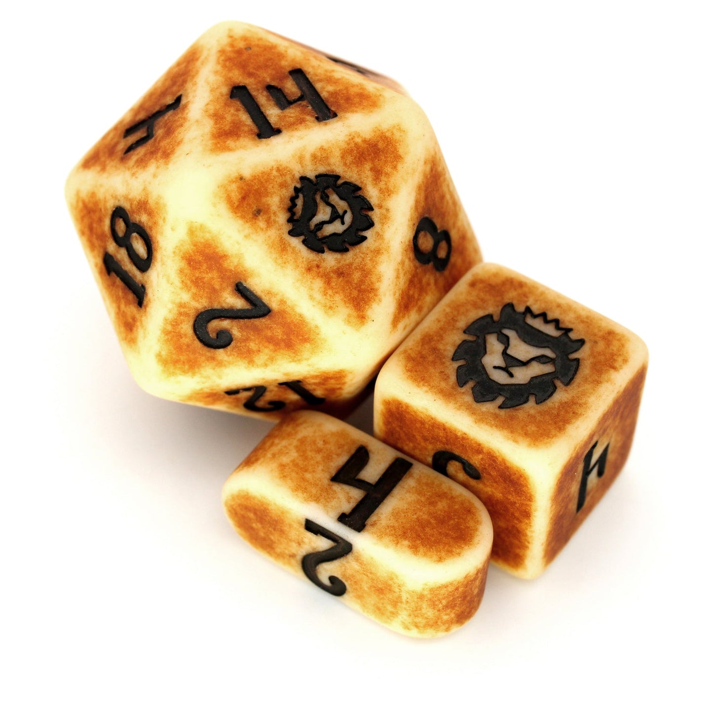 3 polyhedral dice with brown distressed finish and black numbering. Image shows 1d20, 1d6, 1d4