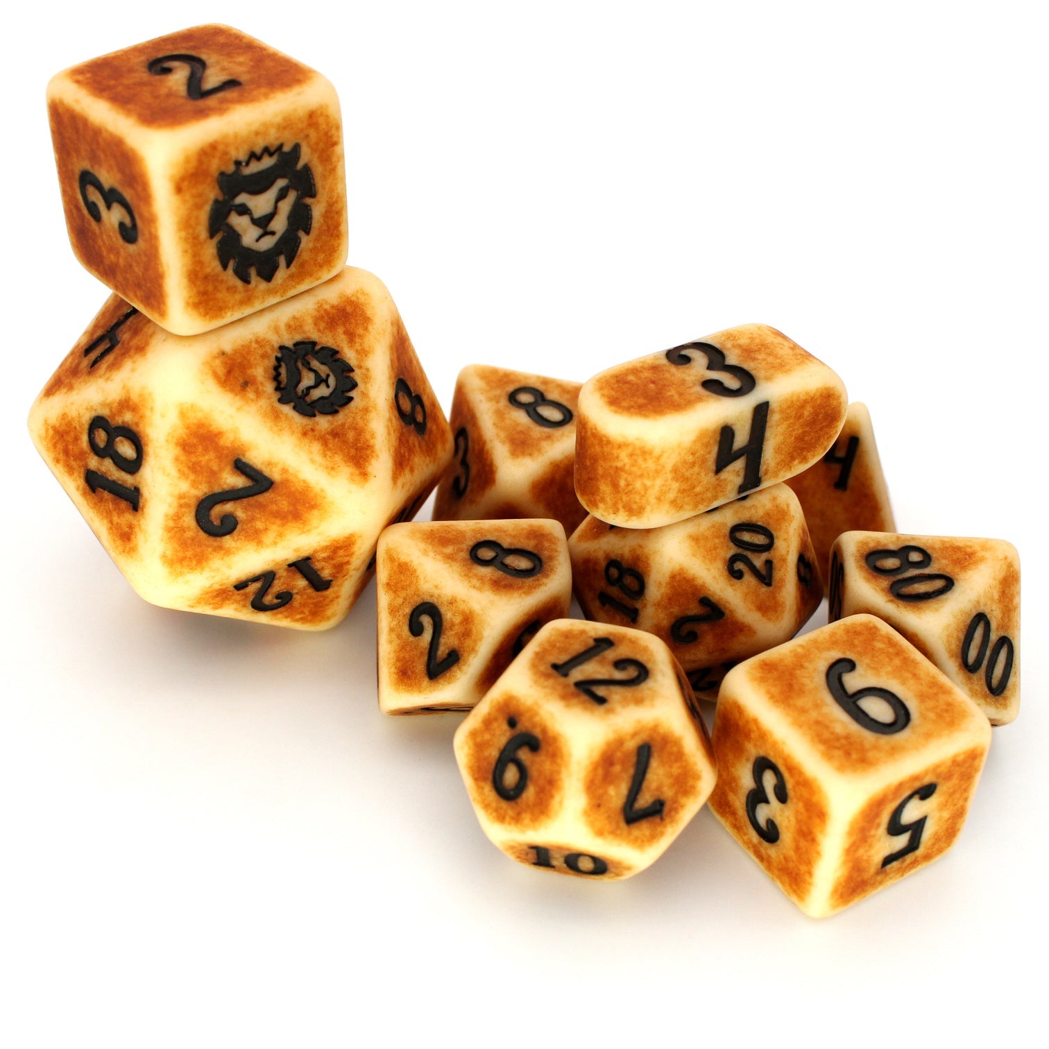 Set of 10 polyhedral dice, with a brown distressed finish and black numbering. Includes 2d4, 2d6, 1d8, 1d10, 1d%, 1d12, 1d20 and 1 large d20