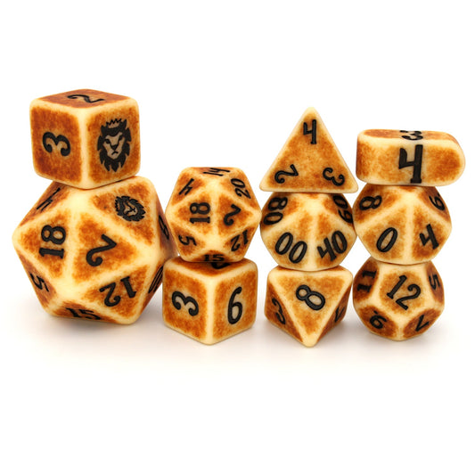 Set of 10 polyhedral dice, with a brown distressed finish and black numbering. Includes 2d4, 2d6, 1d8, 1d10, 1d%, 1d12, 1d20 and 1 large d20