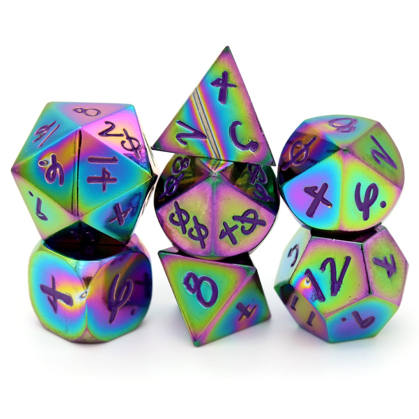 Set of 7 polyhedral dice with rainbow neochrome finish and purple numbering in Aabria Iyengar's handwriting.